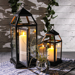 Richland Black Contemporary Metal Lantern with Clear Glasses - Large