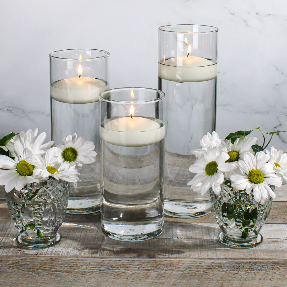 Eastland Cylinder Floating Candle Holders 7.5" , 9" & 10.5" Set of 36