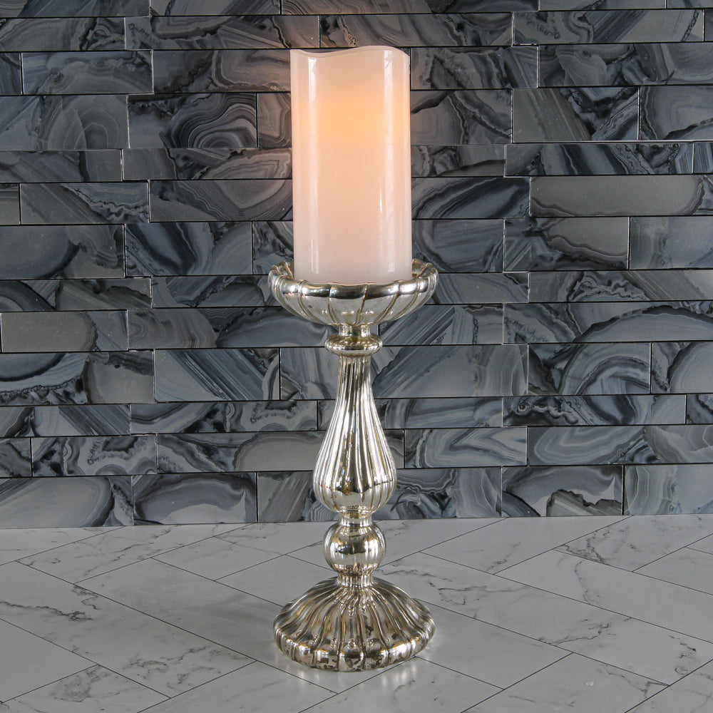 Richland 10" Ribbed Unique Mercury Glass Pillar Candle Holder