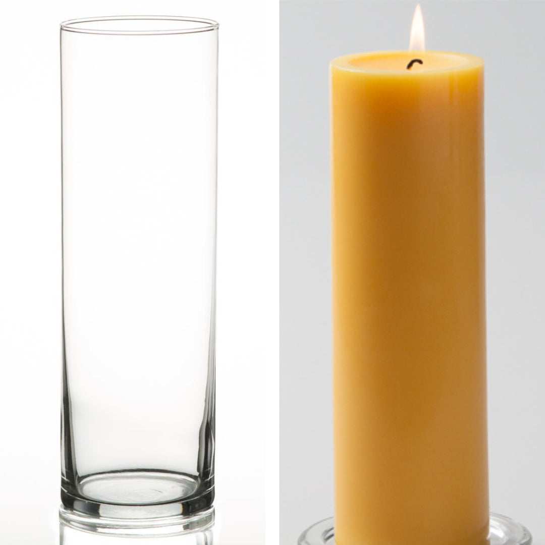 Richland Pillar Candle 9" & Eastland Cylinder Holder 10.5 inch Set of 12 (Choose your Color)