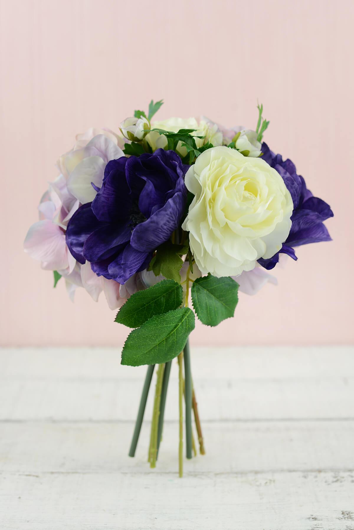pink purple silk hydrangea ranunculus anemone bouquet