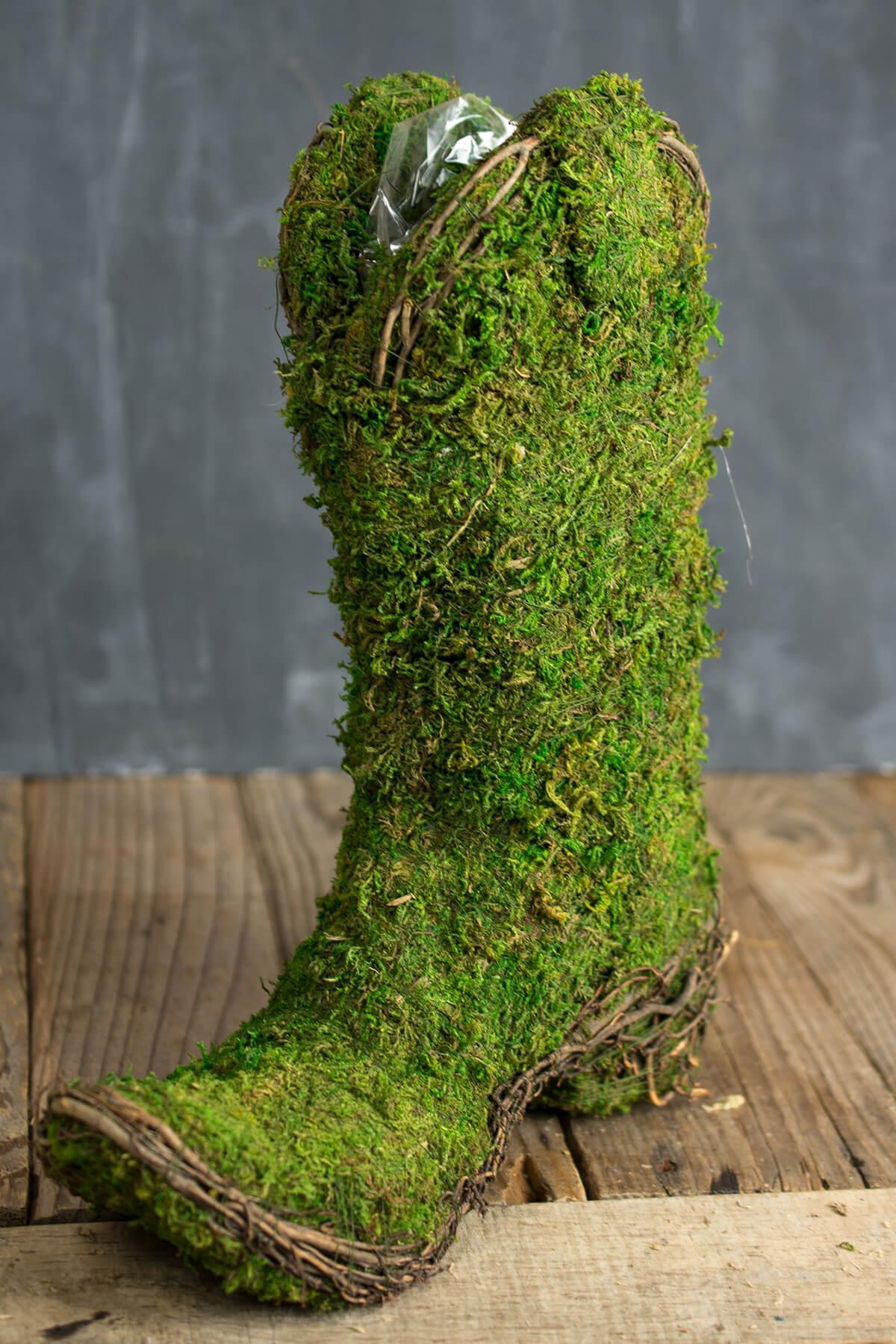 Moss Covered Cowboy Boot Topiary Pot  13in